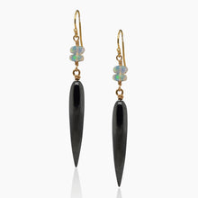 Load image into Gallery viewer, Black Drop earrings and blue opals with gold on white background