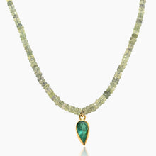 Load image into Gallery viewer, Mossy Green Sapphires With 18K gold Bezeled Emerald Charm Necklace