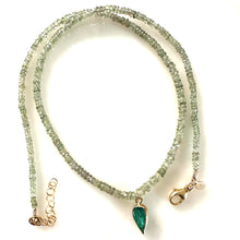 Load image into Gallery viewer, Mossy Green Sapphires With 18K gold Bezeled Emerald Charm Necklace