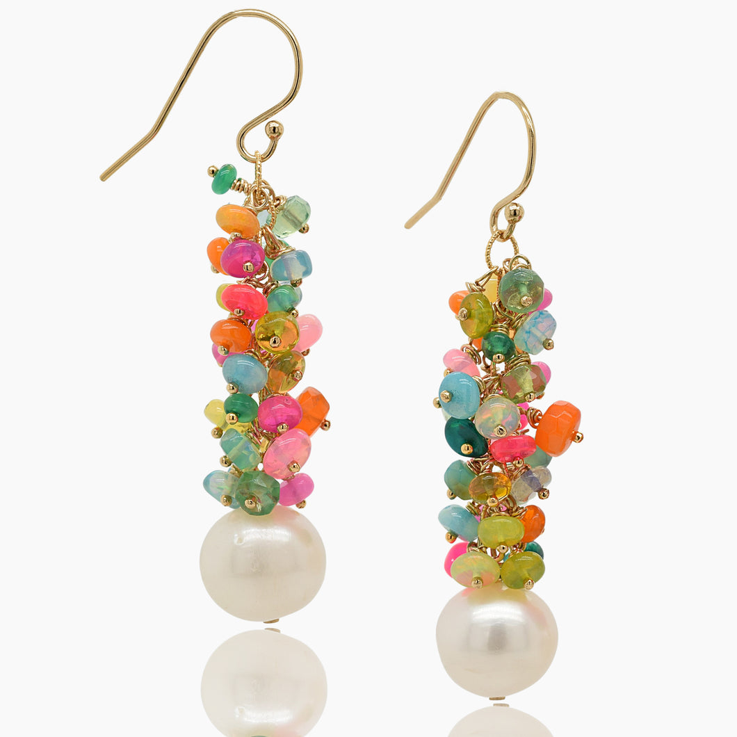 Opals with White Pearl Gold Earrings