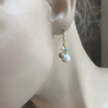 Load image into Gallery viewer, White Pearl Blue Topaz Gold Earring Cluster