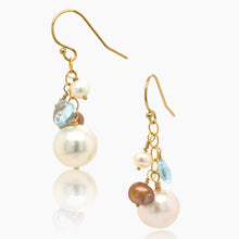 Load image into Gallery viewer, White Pearl Blue Topaz Gold Earring Cluster