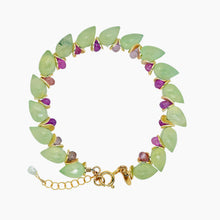 Load image into Gallery viewer, Signature Prehnite Herringbone with Pink Sapphire Gold Bracelet
