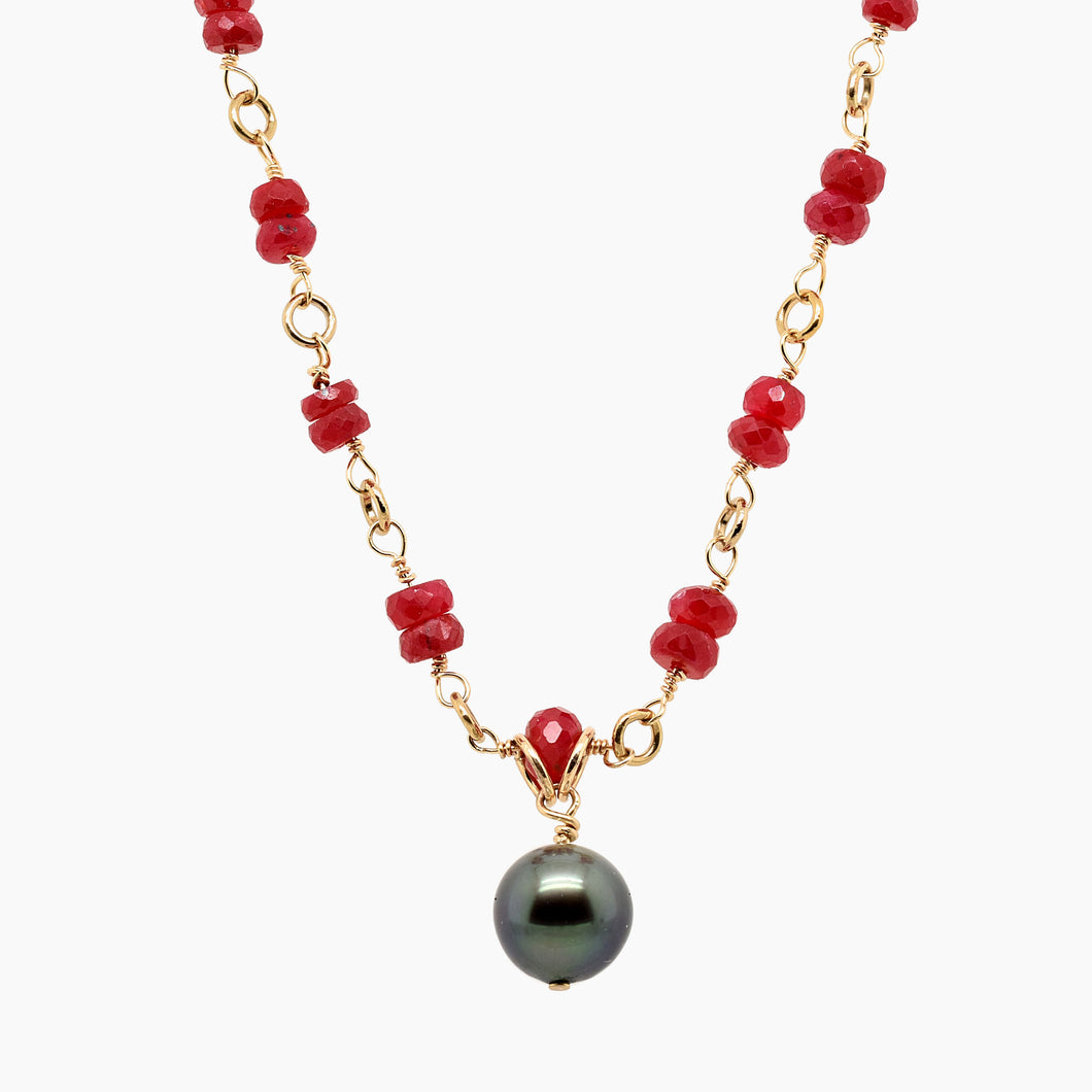 Ruby and Black Tahitian Pearl Necklace