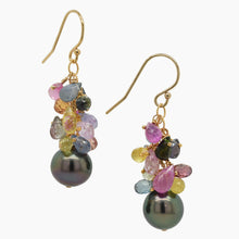 Load image into Gallery viewer, Sapphire with Black Tahitian Pearl Gold Earrings
