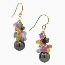 Load image into Gallery viewer, Sapphire with Black Tahitian Pearl Gold Earrings