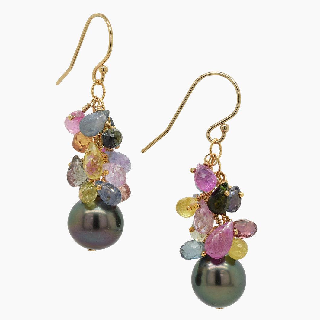 Sapphire with Black Tahitian Pearl Gold Earrings