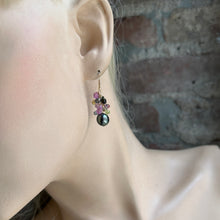Load image into Gallery viewer, Sapphire with Black Tahitian Pearl Gold Earrings