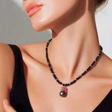 Load image into Gallery viewer, Black Necklace with Tahitian Pearl and Pink Gemstones