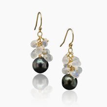 Load image into Gallery viewer, Black Tahitian Pearl with Rainbow Moonstone Gold Earrings