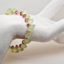 Load image into Gallery viewer, Signature Prehnite Herringbone with Pink Sapphire Gold Bracelet
