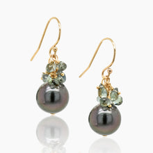 Load image into Gallery viewer, Black Tahitian Pearl with Grey Sapphire Gold Earrings
