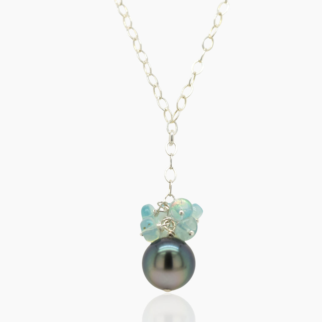 Blue Opal Cluster with Black Tahitian Pearl Silver Necklace