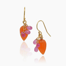Load image into Gallery viewer, Carved Carnelian Drops with Pink Sapphire Gold Earrings
