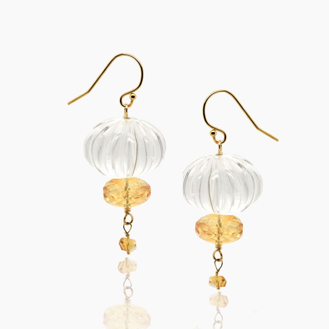 Carved Rock Crystal Gold Drop Earrings with Citrine