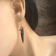 Load image into Gallery viewer, Hematite and Purple Garnet Gold Earrings
