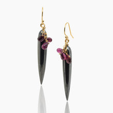 Load image into Gallery viewer, Hematite and Purple Garnet Gold Earrings
