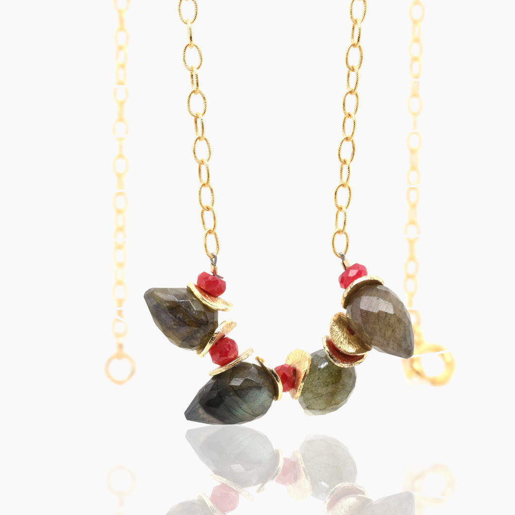 Signature Labradorite Bud with Ruby Red Gold Necklace