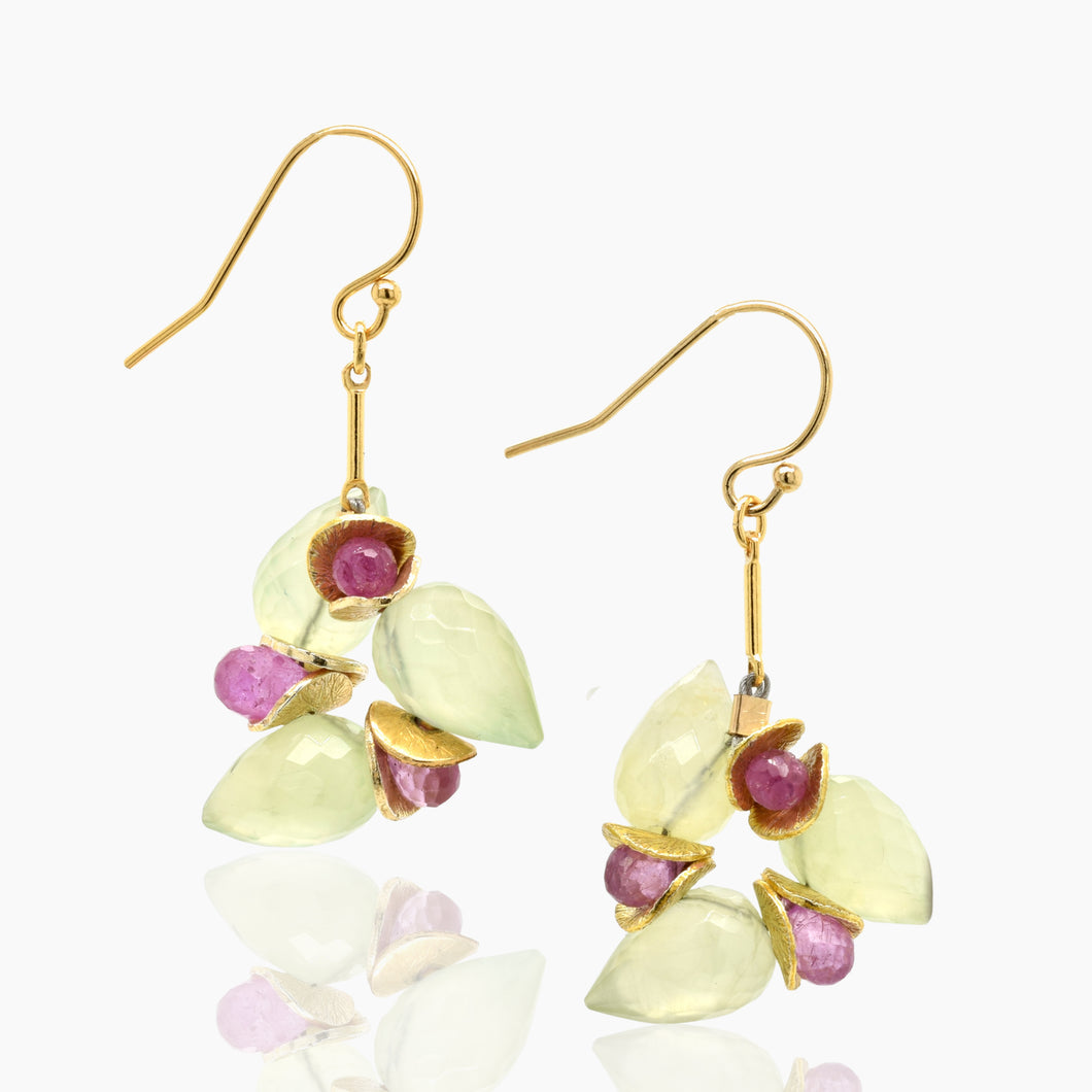 Signature Prehnite Herringbone with Pink Sapphire Gold Earrings