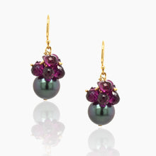 Load image into Gallery viewer, Black Tahitian Pearl with Purple Garnet Cluster Gold Earring
