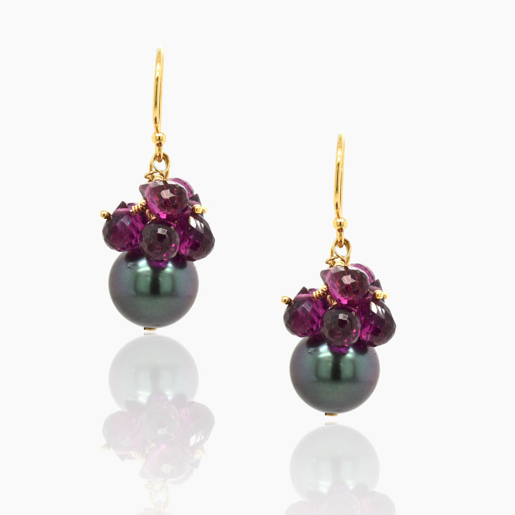 Black Tahitian Pearl with Purple Garnet Cluster Gold Earring