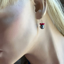 Load image into Gallery viewer, Black Tahitian Pearl with Ruby Cluster Gold Earrings
