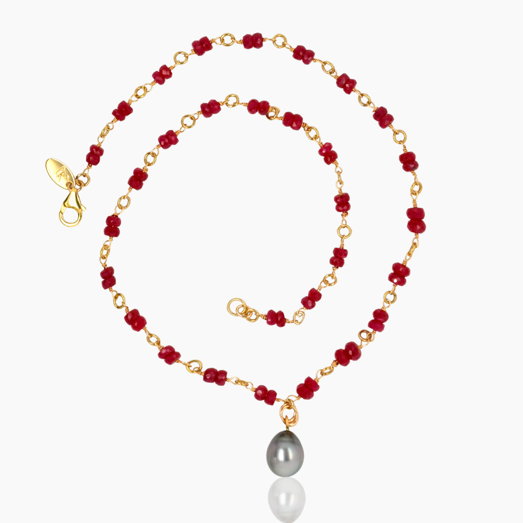 Ruby Necklace with Black Tahitian Pearl Drop
