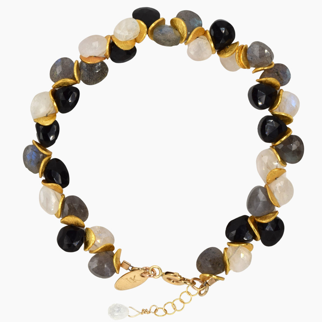 Monochromatic Moonstone Spinel Labradorite Signature Gold Bracelet