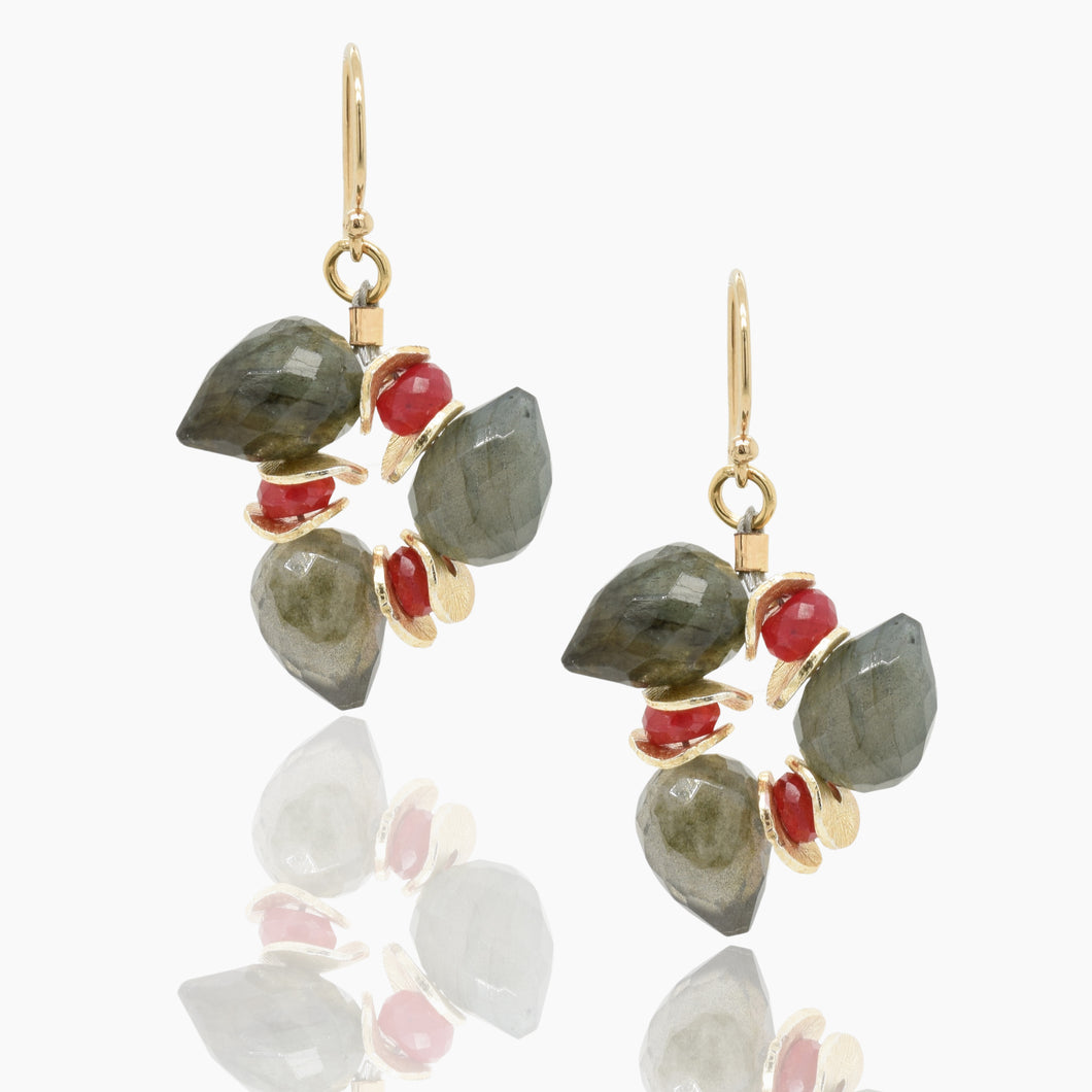 Signature Labradorite Bud with Ruby Red Gold Earrings