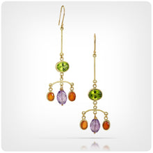 Load image into Gallery viewer, Carnelian Peridot &amp; Amethyst Gem Stone Chandelier 18K Earrings
