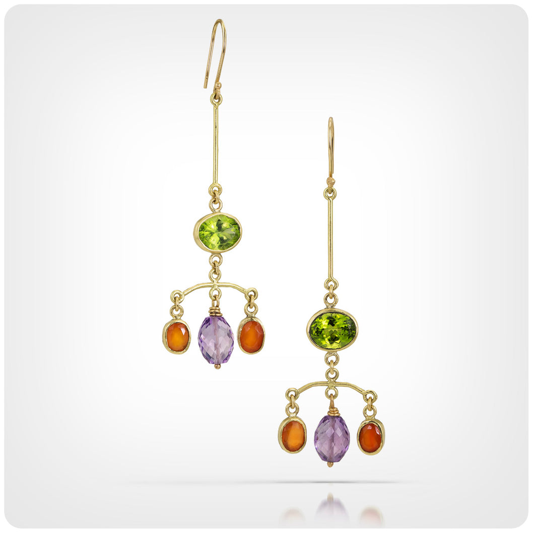 Carnelian Peridot & Amethyst Gem Stone Chandelier 18K Earrings
