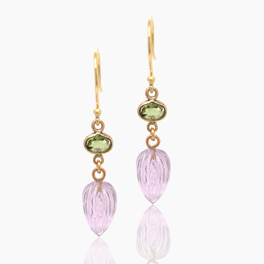 Peridot and Amethyst Gold Drop Earrings