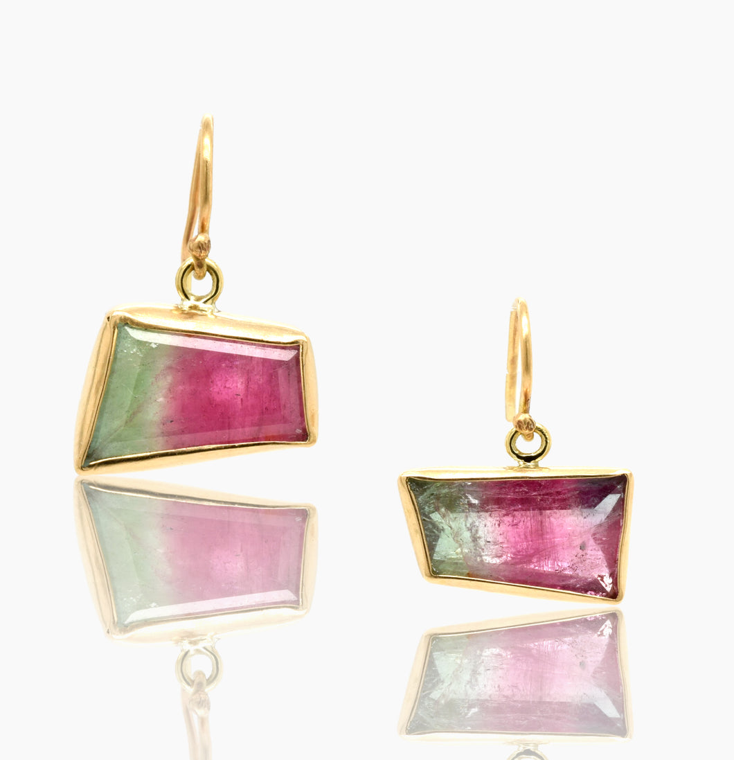 Watermelon Tourmaline Trapezoid Gold Earrings